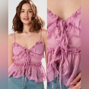 Sheer‎ Ruffle Tie-Front Peplum Cami Top in Mauve Pink Size L